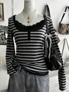 Lalippa Women's Striped Contrast Lace Button Design Long Sleeve Casual T-Shirt - Multicolor - View 3