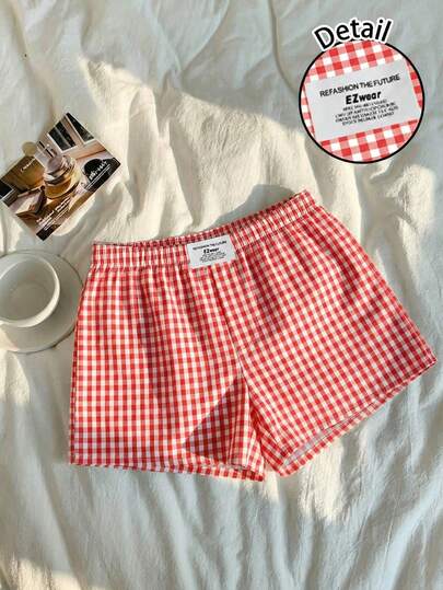 Comfortcana Casual Minimalist Daily Versatile All-Match Woven Label Tag Red & White Plaid Countryside Pattern, Beach Spring Vacation Outfit, Women's Summer Wear, Women's Low Waist Shorts With Single Right Pocket
