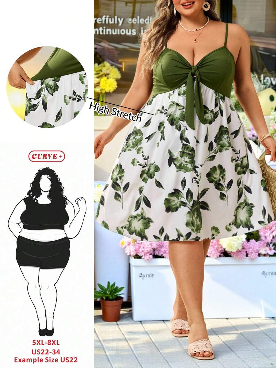 SHEIN CURVE+ Curve 尺码 US22 音乐节、海滨度假、波西米亚风女士印花系带夏季沙滩连衣裙，女士夏季连衣裙