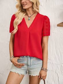 Breezaya Blusa elegante de manga corta con cuello en V, de tela de gasa con pompones, color rojo, para primavera/verano - Rojo - Ver 5
