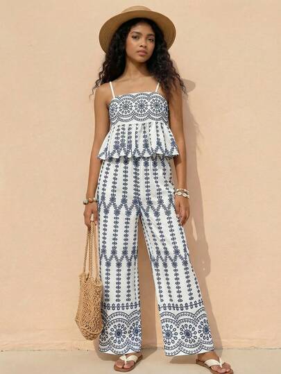 Travachic KIDS Tween Girls' Vacation Casual Floral Embroidery Camisole And Elastic Waist Pants Set