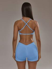 Musera Sport 交叉背带运动文胸和提臀紧身裤套装，适合秋季、冬季、夏季运动健身等各种运动场合。 - 淺藍色 - 查看 6