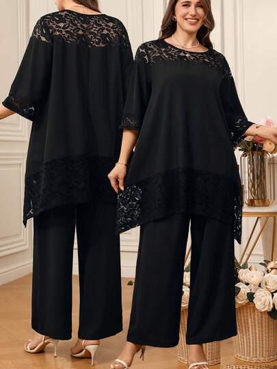 EMERY ROSE Tuta larga con inserti in pizzo per taglie comode da donna. Elegante e casual, adatta per l'ufficio e la primavera/estate