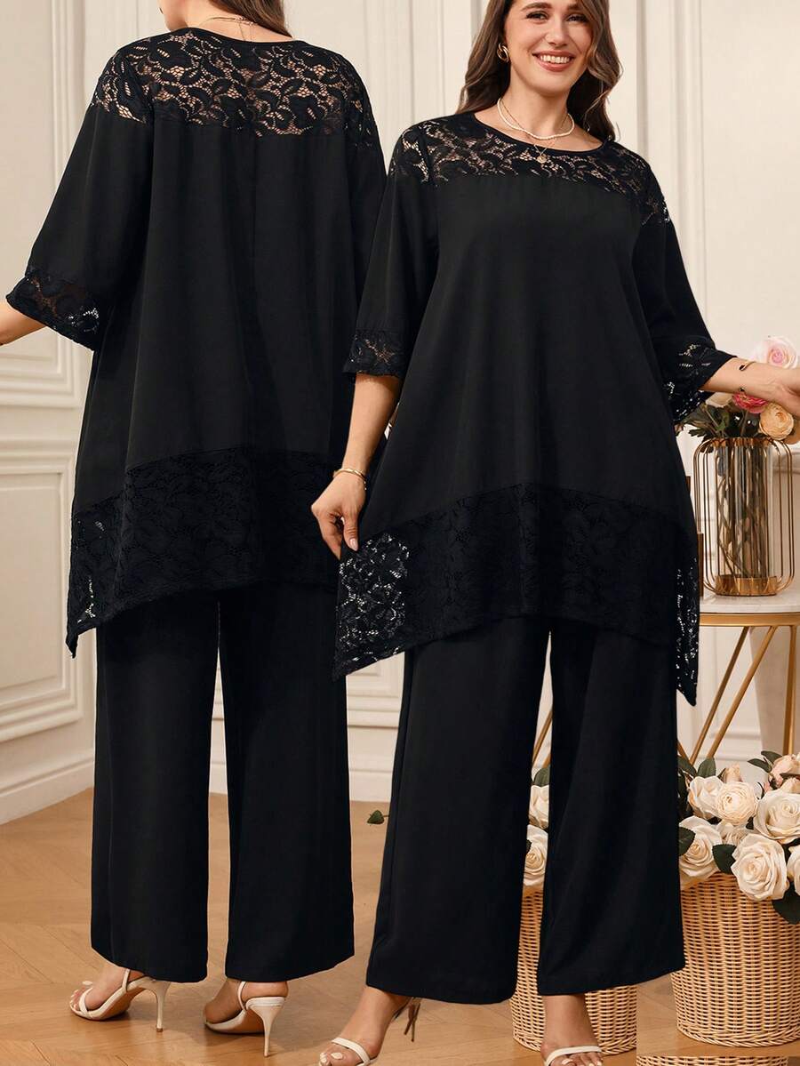 EMERY ROSE 大码女式蕾丝拼接宽松套装。优雅休闲，通勤，春夏皆宜。 - 黑色 - 查看 1