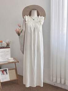 Franclia Đầm midi xẻ tà dáng rộng thoải mái cho nữ mùa xuân và hè, thắt nơ, dây mảnh, viền bèo nhún. - Màu be - Xem 3