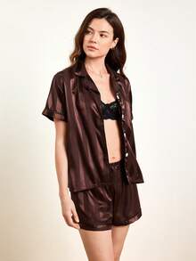 Hourtrue 2 件缎纹条纹睡衣套装，长袖领扣衬衫和蝴蝶结长裤，睡衣家居服套装，适合家居使用，秋冬 - 巧克力棕 - 查看 7