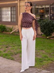 Andrea Bello Women's Summer Vacation Polka Dot Print Slim Fit Asymmetrical Shoulder Top - Coffee Brown - View 6