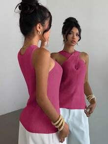 Elenzga Back To School Casual Criss-Cross Neckline Minimalist Unique Design Knit Sweater For Women, Spring/Autumn - Hot Pink - View 2