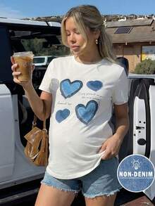 SHEIN 孕妇圆领短袖心形图案休闲舒适透气百搭T恤，夏季 - 藍白色 - 查看 3