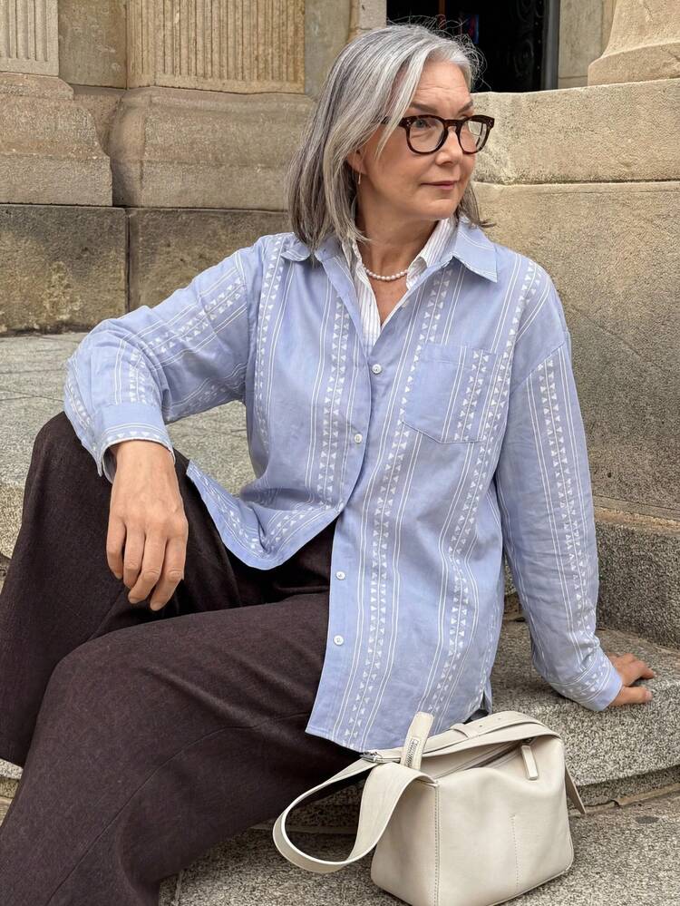 Women's Geometric Print Drop Shoulder Long Sleeve Single-Breasted Casual Pocket Shirt