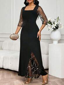 SHEIN Lady Vestido elegante de manga 3/4 para mujer talla grande con cuello cuadrado, parches de lentejuelas y flecos de malla - Negro - Ver 8