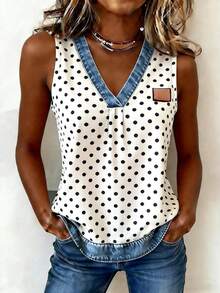 EMERY ROSE Nueva camiseta de tirantes con cuello en V y efecto de lunares en denim para mujeres - Blanco - Ver 3