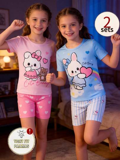 4 piezas Pijama ajustado con vestido, pantalones cortos y estampado de conejito y rayas de color rosa y azul con tema de dibujos animados lindo para niñas