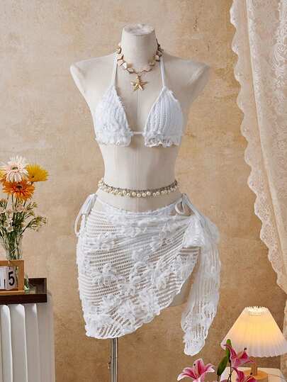 Bellisia 女士夏季沙滩纯色吊带系带性感比基尼三角裤泳衣套装，含迷你裙