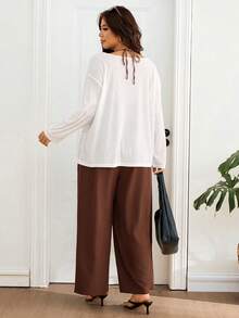 Lounesse 大码休闲纯色长袖上衣和裤子套装 女式两件套 休闲女式度假套装 女式套装 棕色阔腿裤套装 女式两件套 - 彩色 - 查看 9