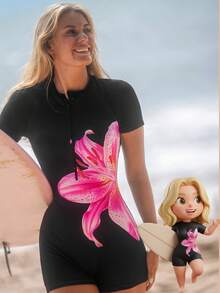 Swim SPRTY Bộ áo liền quần nữ mùa hè mới, cổ tròn, tay ngắn, khóa kéo phía trước, eo có dây rút, họa tiết hoa, thích hợp cho kỳ nghỉ. - màu đen - Xem 2