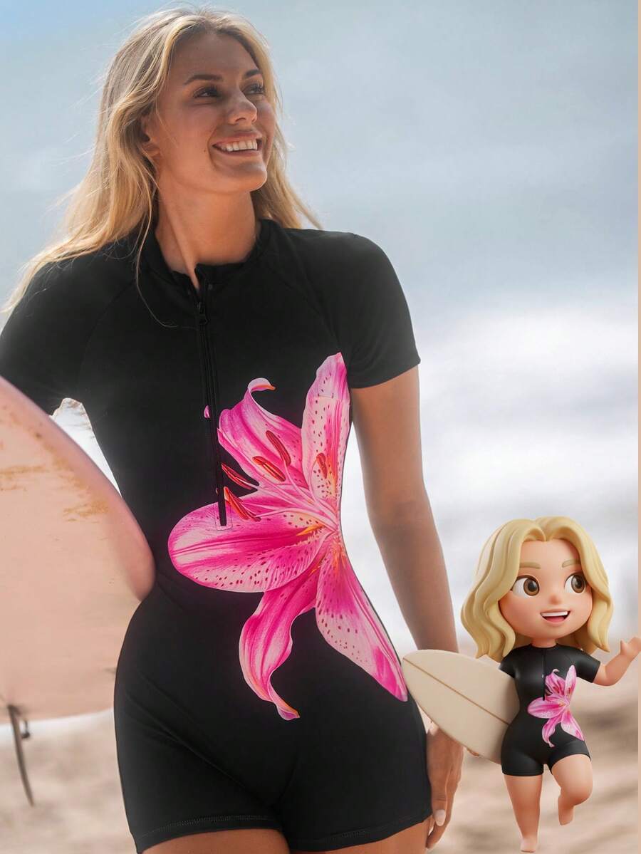 Swim SPRTY 新款夏季女式圆领短袖前拉链腰部抽绳印花连体裤，休闲度假连体裤 - 黑色 - 查看 1