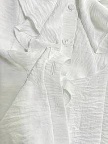 Franclia 女士优雅纹理面料立领荷叶边垂褶装饰开襟短袖衬衫 - 白色 - 查看 6