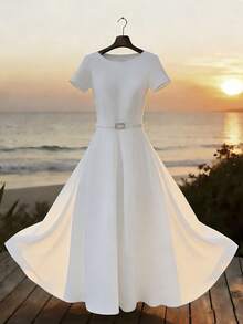 EMERY ROSE Women's Faux Pearl Chain Belt Long Dress - White - View 7
