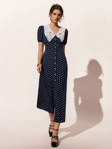 Poéselle Women's Polka Dot Pattern Short Petal Sleeve Single-Breasted Elegant Long Dress - Navy Blue - View 4