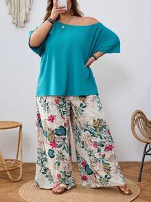 SHEIN CURVE+ Bộ đồ 2 mảnh dành cho nữ cỡ lớn, gồm quần in họa tiết ngẫu nhiên và áo kiểu lệch vai màu xanh lá cây, thích hợp cho dịp thường ngày hoặc đi nghỉ mát. - màu xanh lá - Xem 4