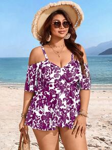 Swim Lushoire Plus Size Random Print Adjustable 2 Pieces Modest Fashionable Tankini Swimwear - Purple - View 3