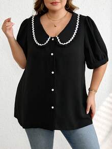 SHEIN CURVE+ Plus Size Women's Solid Color Simple Peter Pan Collar Blouse/2026 /New Year - Black - View 3