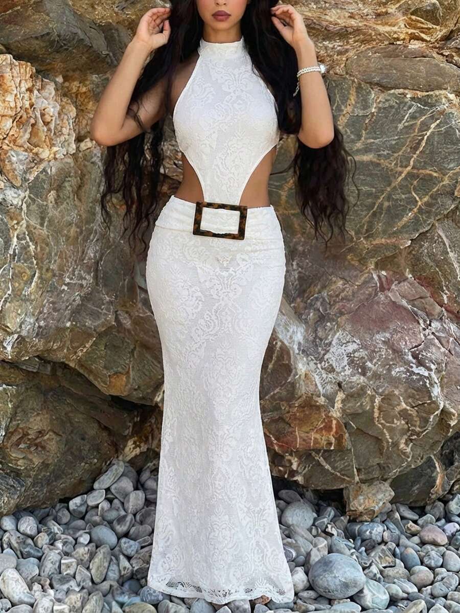 Aloruh 女士性感露背波西米亚提花连衣裙，挂脖鱼尾裙摆，适合海滩度假、优雅度假、性感派对、音乐节等场合。 - 杏色 - 查看 1