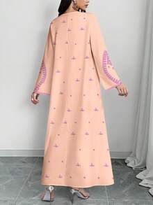 SHEIN Najma 女士花卉藤蔓图案数码印花V领长袖优雅阿拉伯风格长款连衣裙，春季 - 彩色 - 查看 2