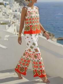 Hotletica 全印花圓領無袖上衣和長褲，夏季休閒2件套裝 - 彩色 - 查看 3