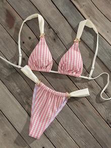 Swim Vcay Bộ bikini dây mảnh bản rộng, chất liệu jacquard kẻ sọc phối màu, phụ kiện kim loại, thích hợp cho mùa xuân/hè dành cho nữ - Phong cách giản dị dễ thương. - Nhiều màu - Xem 4