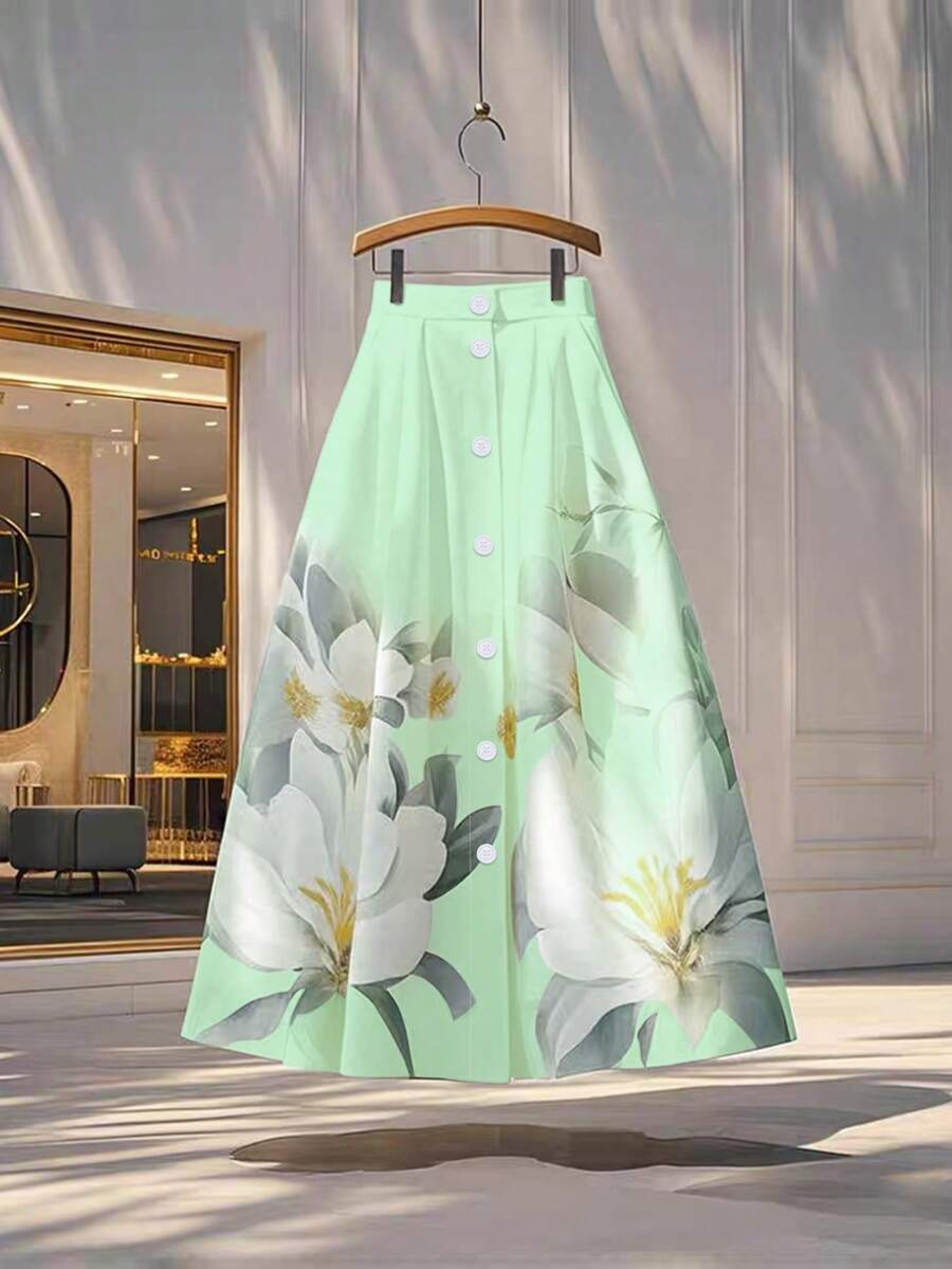GlowEve 优雅花卉印花前扣半身裙，夏季 - 綠色 - 查看 1