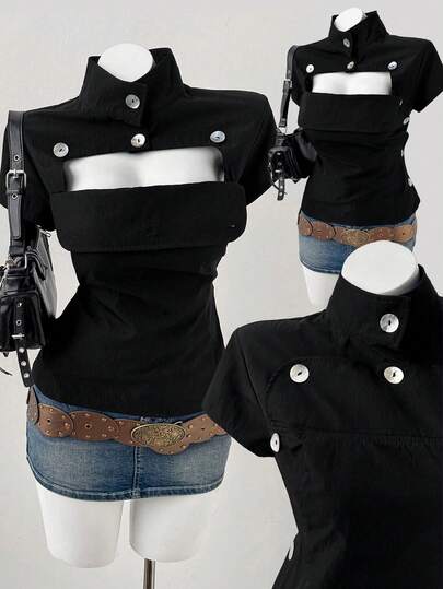 Sunspun Plus Size Women Short Sleeve Mandarin Collar Shirt With Button Decor