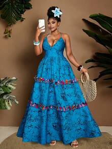 Maweii 大码女士度假抽象撞色印花吊带深褶皱设计，露背松紧腰，多层荷叶边蛋糕裙，撞色花卉饰边，大码半身裙，新款大码度假、海滩、日光浴、时尚百搭外出、派对、约会之夜、情人节浪漫约会、时尚吊带长裙 - 彩色 - 查看 1