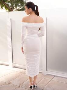 Andrea Bello Spring And Summer Elegant White Long-Sleeved Off-Shoulder Pleated Mesh Bodycon Dress - White - View 2
