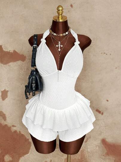 Sunspun Plus Size Jacquard Fabric Fitted Jumpsuit With Skirt Hem, Halter Neck Casual Jumpsuit, Comfortable For Spring & Summer