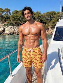 Manfinity Swimmode Men's Casual Fashionable Lobster Print Beach Shorts - Mustard Yellow - View 6