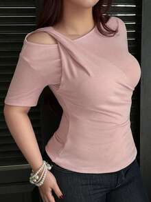 Dazy Plus Spring & Summer Fitted Elegant 2 In 1 Shoulder Cut-Out Long Sleeve Plus Size Women T-Shirt - Pink - View 4