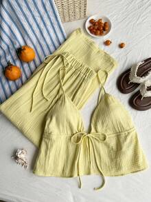 Comfortcana Bộ đồ 2 món cỡ lớn kiểu dáng thường ngày đi nghỉ mát: áo hai dây và chân váy. - Màu vàng - Xem 7