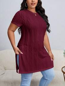 SHEIN Essnce Plus Size Women's Solid Color Split Design Casual Versatile Daily Wear Short Sleeve T-Shirt - Red - View 3