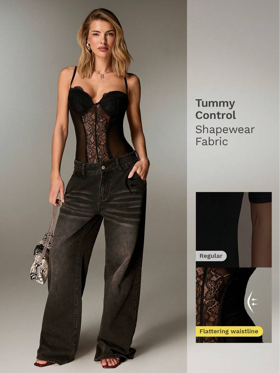 Nuvra 2026新款女士泳装到货，适合上学、度假、约会、下午茶、西式、邮轮、海滩、海岛、公路旅行、四季皆宜、音乐节、波西米亚风度假、凉爽秋季、西部波西米亚风等场合。优雅的女士露背系带性感连体衣，适合约会；夏季收腹性感连体衣；蕾丝连体衣；女士牛仔裤；夏季长裤 - 黑色 - 查看 1