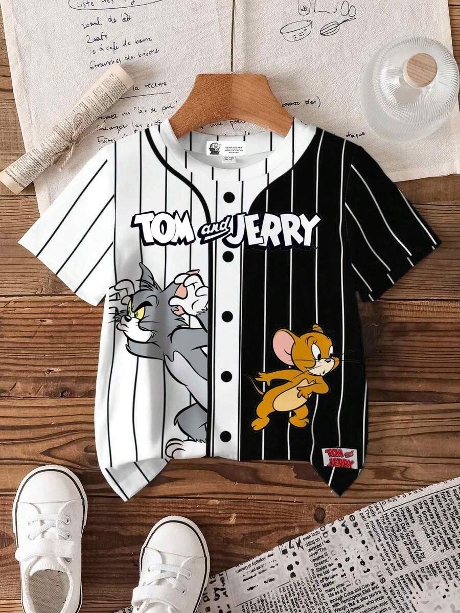 TOM & JERRY X SHEIN 男婴卡通印花条纹短袖休闲上衣 - 白色 - 查看 1