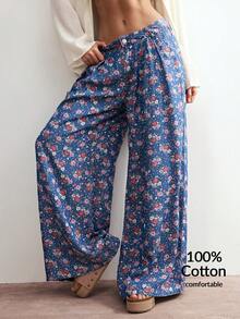 Bohemela Women's Casual Printed Loose Wide-Leg Pants - Blue - View 1
