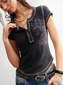 Bohemela 波西米亚风春夏女式T恤，黑色复古图案印花T恤，适合外出穿搭、休闲通勤、度假、情人节、音乐节、假日、海滩度假、返校、狂欢节、复活节、夏季、节日等各种场合，美式休闲风，Y2K风格女式休闲上衣 - 黑色 - 查看 3