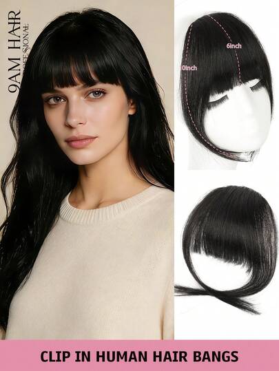 夹式刘海，真人发刘海，带鬓角的刘海，适合女性佩戴，自然逼真，适合日常佩戴，真人发轻盈刘海，夹式接发（黑色）