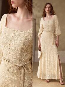 MOTF PREMIUM 女士优雅开衩裙摆连衣裙 - 杏色 - 查看 7