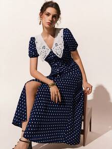 Poéselle Women's Polka Dot Pattern Short Petal Sleeve Single-Breasted Elegant Long Dress - Navy Blue - View 3