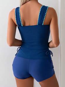 Swim Lushoire 2pcs Women's Camisole Strap Bikini, Ribbed Texture, Conservative European And American Style Swimsuit For Summer Vacation - Navy Blue - View 4