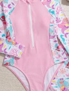 SHEIN 女童比基尼套装，新款时尚女童拼接印花泳衣套装，夏季度假泳衣带防晒衣，长袖泳衣，粉色泳装 - 淺粉色 - 查看 7