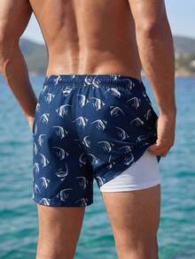 Manfinity Swimmode 男士夏季度假鱼纹抽绳腰沙滩短裤 - 藏蓝色 - 查看 2